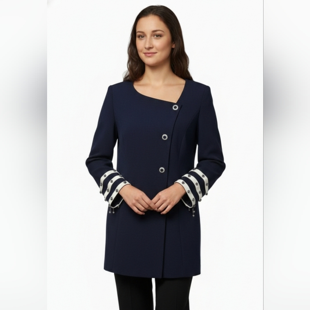 Milano Navy Beaded Cuffs Jeweled Button Single Breasted Formal Jacket Blazer 16